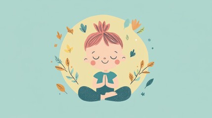 Fototapeta premium Cartoon illustration of a young caucasian girl meditating with nature elements