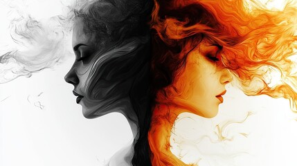 Two contrasting profiles illustrate the dual nature of creativity through smoke and fire symbolism in vibrant artwork