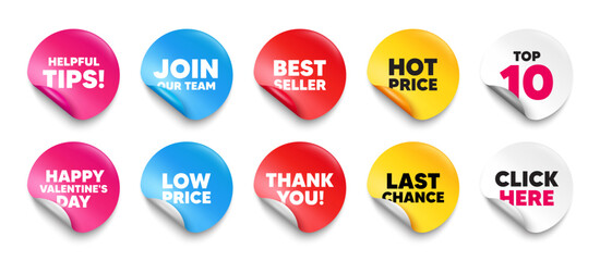 Helpful tips sticker tag. Top 10, Best seller, Hot price banners. Helpful tips tag. Education faq sign. Help assistance symbol. Join our team sticker. Vector