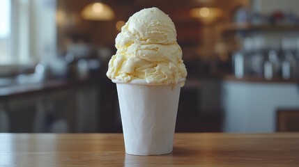 Creamy vanilla ice cream in a cup, cafe background.