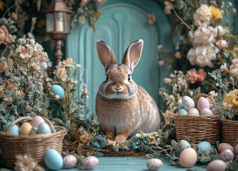 Adorable rabbit in floral easter setting with colorful eggs and baskets