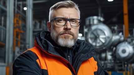 worker stands confidently in an industrial environment, wearing an orange safety jacket and glasses. background features large machinery, indicating a busy operational setting