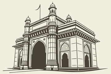 Iconic Gateway of India, Mumbai landmark, grand stone arch, colonial architecture, symmetrical design, twin towers, ornate details, sepia tones, monochromatic illustration, historical monument, touris