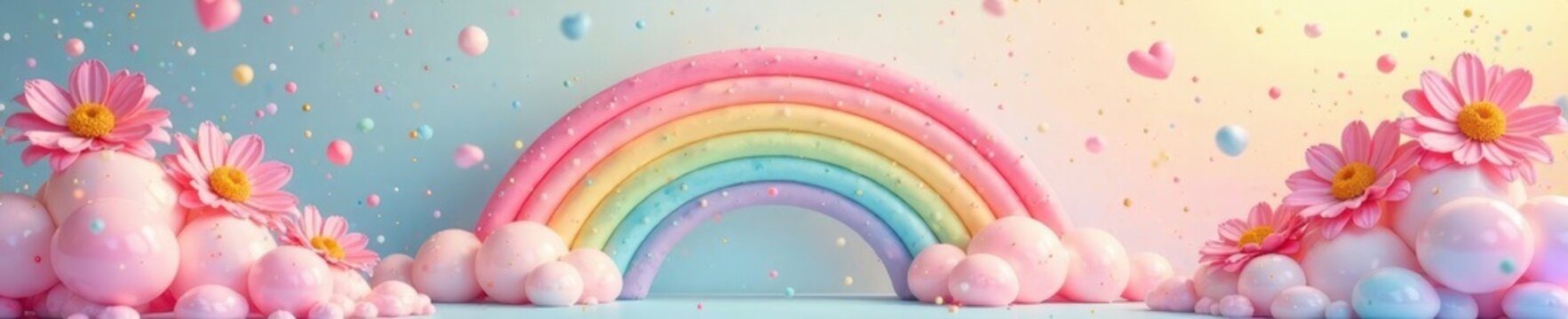Pastel rainbow backdrop with whimsical elements, colorful, cotton candy