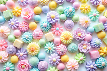 Naklejka premium Pastel flower and sphere candies.