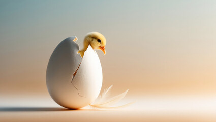 Chick breaking free from creamy white eggshell in a tranquil setting surrounded by soft light