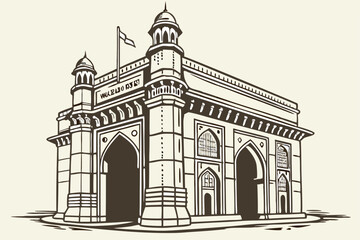 Iconic Gateway of India, Mumbai landmark, grand stone arch, colonial architecture, symmetrical design, twin towers, ornate details, sepia tones, monochromatic illustration, historical monument, touris
