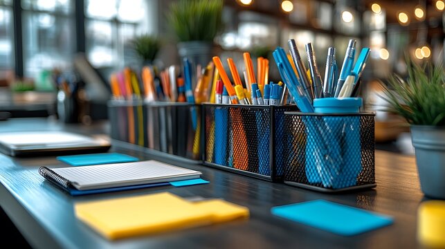 Colorful Pens And Markers In Office Organizers