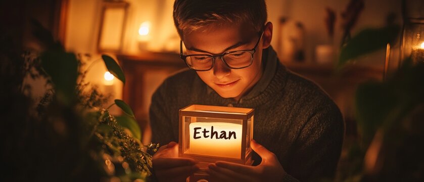 Warm Identity Young Male Holding Personalized Name Light Amidst Cozy Ambient and Greenery