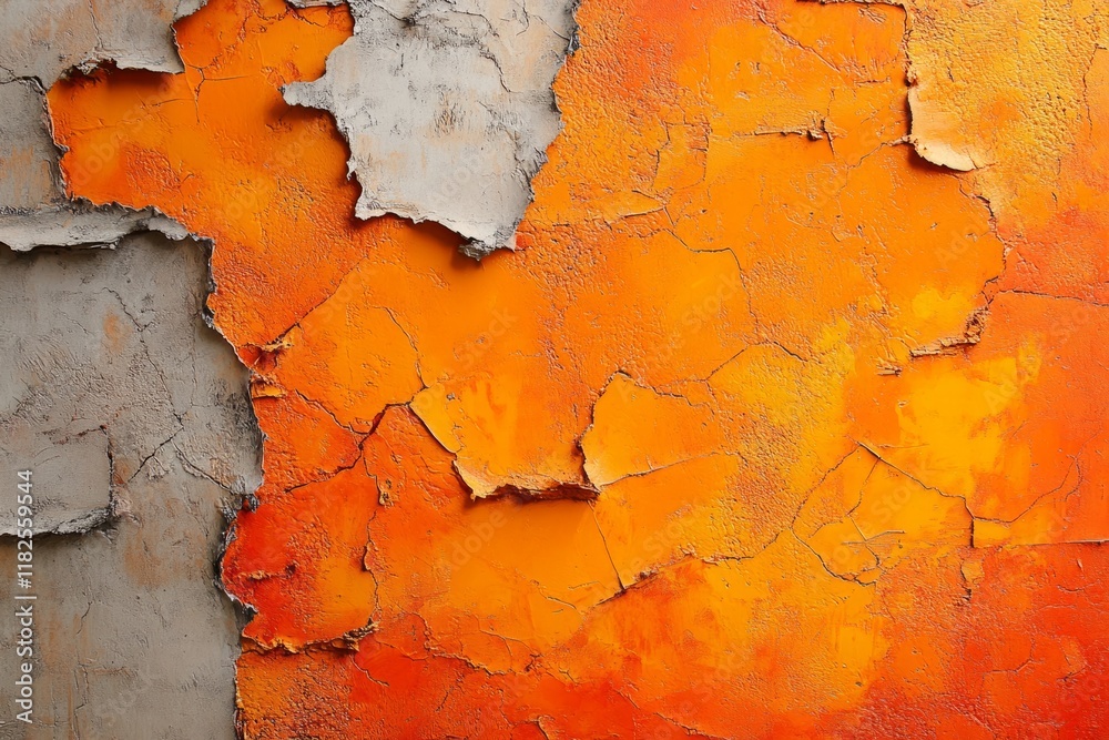 Sticker Close-up of a vibrant orange painted wall, cracking and peeling to reveal the gray concrete surface beneath