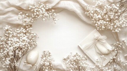 Fototapeta premium Elegant White Floral Arrangement with Gift and Candle