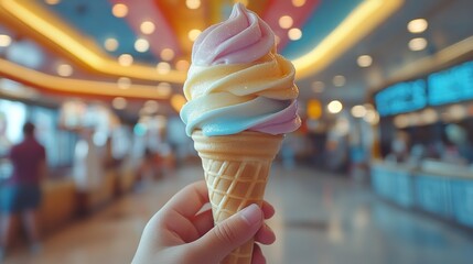 Hand holding swirl ice cream cone in food court.