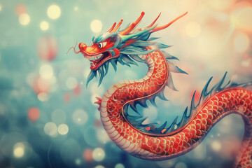 Obraz premium Chinese New Year. Elegant lion dancer in intricate gold and red costume leaps against a background 