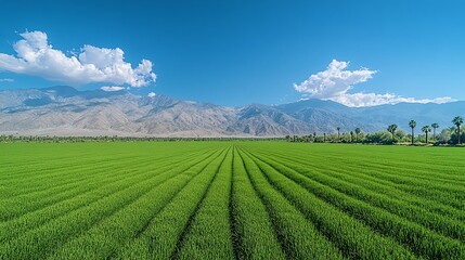 Lush green rice field under clear blue sky with mountains in the background