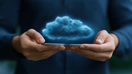 person holds a smartphone, showcasing a digital cloud symbol above the device. This illustrates the concept of cloud computing and data storage technology in a modern context