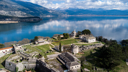 Stunning Aerial Ottoman complex in undiscovered Ioannina. Greece. Lake and snow © Ignacio