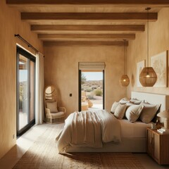 Cozy rustic bedroom, warm earth tones, wooden beams ceiling, large comfortable bed, fluffy pillows, neutral bedding, upholstered bench, bedside lamps, woven area rug, sliding glass door, natural light