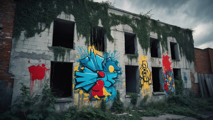 Vibrant graffiti breathes life into abandoned structure under stormy skies in Phoenix