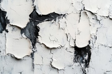 Obraz premium Close-up of cracked and peeling paint revealing layers of white and black, creating an abstract textured background