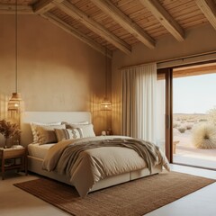 Cozy rustic bedroom, warm earth tones, wooden beams ceiling, large comfortable bed, fluffy pillows, neutral bedding, upholstered bench, bedside lamps, woven area rug, sliding glass door, natural light