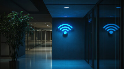 Blue glowing wi-fi on business office wall. empty interior at dark night. fast laptop internet connection, technology and communication network, hotspot data sharing symbol for device signal.
