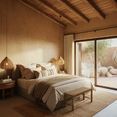 Cozy rustic bedroom, warm earth tones, wooden beams ceiling, large comfortable bed, fluffy pillows, neutral bedding, upholstered bench, bedside lamps, woven area rug, sliding glass door, natural light