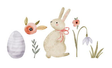 Cute cartoon easter set of bunny surrounded by pastel flowers, watercolor illustration