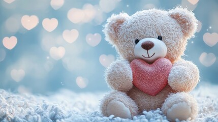 Fototapeta premium Adorable teddy bear holding heart on soft cozy background