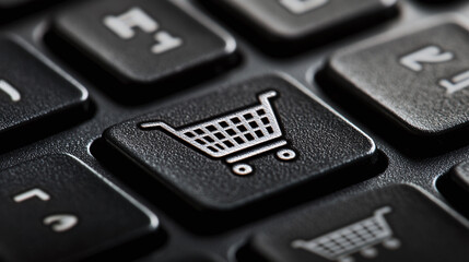 Obraz premium Closeup of shopping cart placed on laptop notebook computer keyboard. e-commerce business, online store order on a discount from home, marketplace sale, purchasing basket.