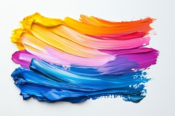 Thick, vibrant strokes of acrylic paint create a colorful gradient on a white background