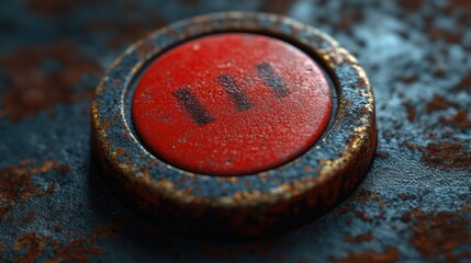 A detailed view of a small red button on a metallic surface, suitable for use in illustrations or designs where a focal point is needed
