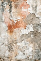 Close-up of a weathered wall with crumbling plaster and fading paint, creating an abstract textured background