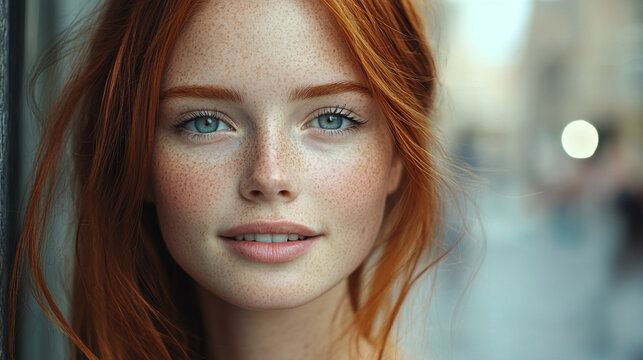 Closeup portrait photography of beautiful young woman or girl with red hair and blue eyes standing outdoor on city street, female lady model with freckles smiling at camera. copy space, ginger redhead