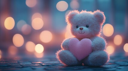 Cute teddy bear holding heart with soft bokeh lights