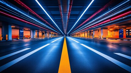 Underground parking lot with illuminated lines and vibrant colors at nighttime