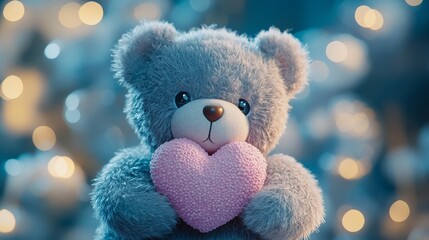 Fototapeta premium Adorable gray teddy bear holding heart in cozy setting with bokeh lights