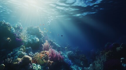 Stunning Underwater Coral Reef Scene Illuminated by Sunlight, A Breathtaking Oceanic Ecosystem