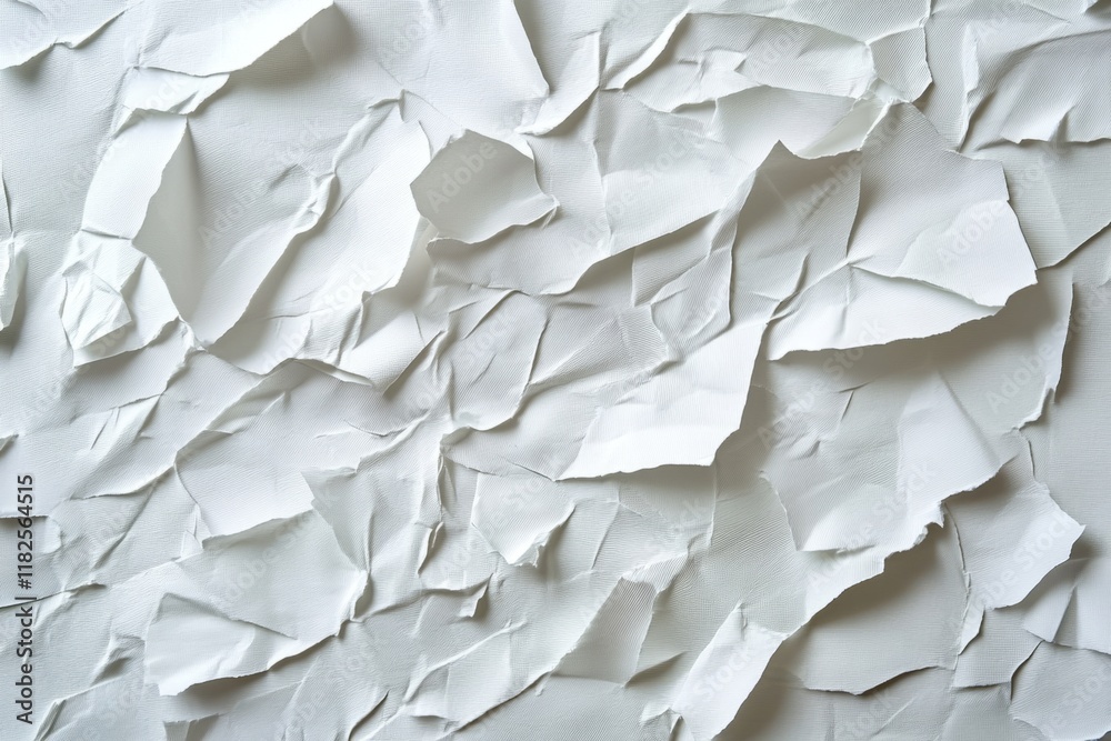 Sticker Wet wrinkled glued paper pieces forming abstract textured white background