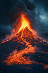 Volcan en &eacute;ruption avec flux de lave et ciel mena&ccedil;ant