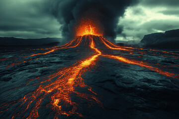 Fototapeta premium Volcan en éruption avec flux de lave et ciel menaçant