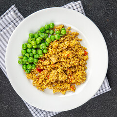 boulgur quinoa dish with vegetables vegetarian dish vegetable food fresh tasty food dish delicious gourmet food background on the table rustic food top view copy space keto and paleo diet