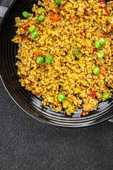 boulgur quinoa dish with vegetables vegetarian dish vegetable food fresh tasty food dish delicious gourmet food background on the table rustic food top view copy space keto and paleo diet