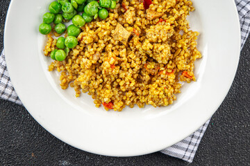 boulgur quinoa dish with vegetables vegetarian dish vegetable food fresh tasty food dish delicious gourmet food background on the table rustic food top view copy space keto and paleo diet