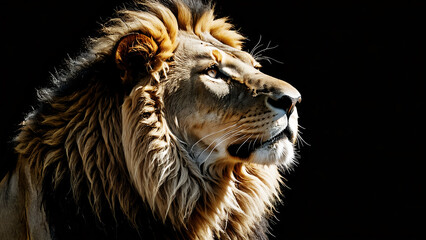 Fototapeta premium Side view of A majestic lion gazes thoughtfully upwards against a black, looking up, contrasting background showing casing its powerful
