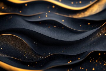 Golden particles are elegantly flowing on dark abstract waves, creating a luxurious and sophisticated backdrop