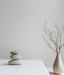 Minimalist Arrangement with Three Smooth Stones and Vase with Branches