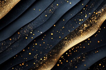 Golden particles and confetti flowing over elegant black wavy shapes creating a luxurious abstract background