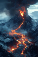 Volcan en éruption avec flux de lave et ciel menaçant