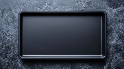 Black baking tray on textured surface, ready for cooking or baking activities