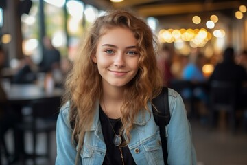Obraz premium Portrait of a beautiful smiling student with curly hair and backpack in university cafeteria